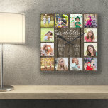 Grandchildren Quote 12 Photo Brown Wood Custom Square Wall Clock<br><div class="desc">Photo clock for grandparents with 12 of your favourite pictures. Create your own grid style photo collage and add the grandchildren's names (2 to 8 names looks best). The wording reads "Grandchildren fill a place in your heart you did not know was empty" in hand lettered quirky uppercase and elegant...</div>
