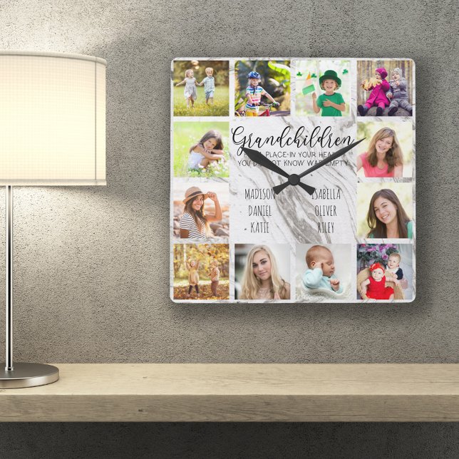 Grandchildren Quote 12 Photo Grey Marble Custom Square Wall Clock (Creator Uploaded)