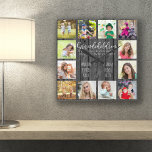 Grandchildren Quote 12 Photo Grey Wood Square Wall Clock<br><div class="desc">Photo clock for grandparents with 12 of your favorite pictures. Create your own grid style photo collage and add the grandchildren's names (2 to 8 names looks best). The wording reads "Grandchildren fill a place in your heart you did not know was empty" in hand lettered quirky uppercase and elegant...</div>