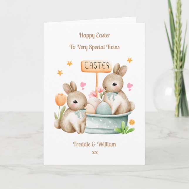 Grandchildren Twin Boys Easter Bunny Rabbit Card (Front)
