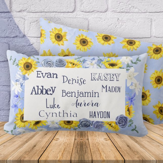 Grandchildren's Names Mother's Day Sunflower Blue Lumbar Cushion (Personalized throw pillow for grandma with grandkid's names. Sunflowers and dusty blue colors.)