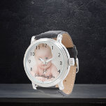 Granddaugher baby custom photo grandfather watch<br><div class="desc">A gift or keepsake of a newborn baby,  grandfathers,  grandpa's first granddaughter.  Template for your own photo.  Black letters and the text: 1st Granddaughter. Hand lettered style script.  Black clock numbers from 8 to 4.</div>