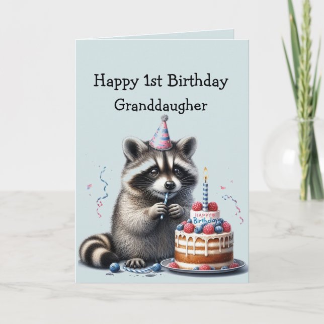 Granddaugher Fun Racoon 1st Birthday  Card (Front)