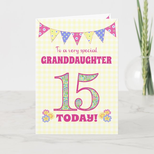 Granddaughter 15th Birthday Primroses Bunting Card (Front)
