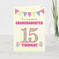 Granddaughter 15th Birthday Primroses Bunting Card