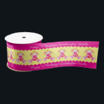 Granddaughter 1st birthday name dolly heart ribbon satin ribbon<br><div class="desc">First Birthday ribbon in a pink, yellow, red and white girls watercolor painted dolly with hearts design. Customise with the greeting your birthday girls name on the wider ribbon choice only, currently reads Happy 1st Birthday Grand daughter Brielle. (PLEASE note the thinner ribbon will only show dolly's and a 1...</div>