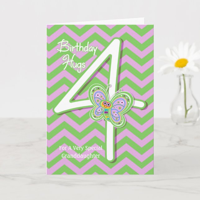 Granddaughter 4th Birthday Butterfly Hugs Card (Small Plant)