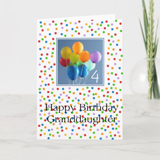 Granddaughter 4th birthday coloured balloons card (Front)