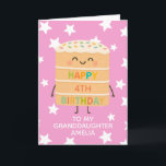 Granddaughter 4th Birthday Pink Cute Cake Custom Card<br><div class="desc">Celebrate your granddaughter's big day with this adorable 4th birthday card featuring a cute smiling cake character illustration, colourful sprinkles, and a cheerful “Happy Birthday” message. Set against a playful pink star background, this card is perfect for kids who love fun, silly, and sweet designs. Personalise it with the child’s...</div>