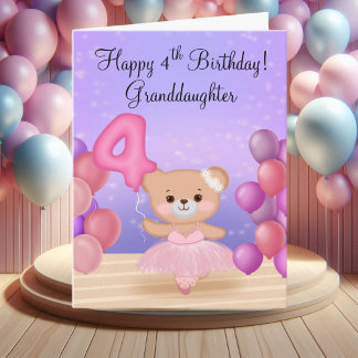 Granddaughter 4th Birthday Teddy Bear Ballerina Card