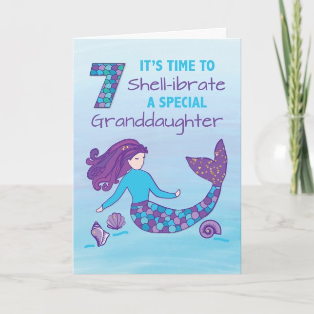 Granddaughter 7th Birthday Sparkly Look Mermaid Card (Front)