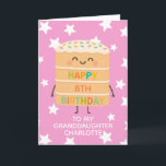 Granddaughter 8th Birthday Pink Cute Cake Custom Card<br><div class="desc">Celebrate your granddaughter's big day with this adorable 8th birthday card featuring a cute smiling cake character illustration, colourful sprinkles, and a cheerful “Happy Birthday” message. Set against a playful pink star background, this card is perfect for kids who love fun, silly, and sweet designs. Personalise it with the child’s...</div>