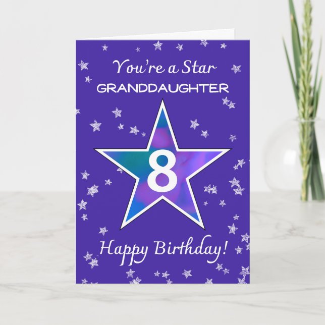 Granddaughter 8th Birthday Shining Star Purple Card (Front)