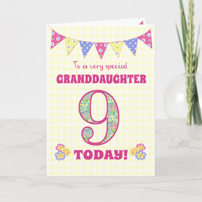 Granddaughter 9th Birthday Primroses Bunting Card (Front)