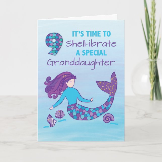 Granddaughter 9th Birthday Sparkly Look Mermaid Card (Front)