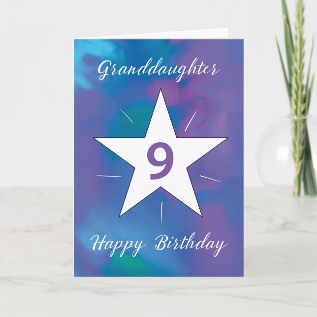 Granddaughter 9th Birthday White Shining Star Card (Front)