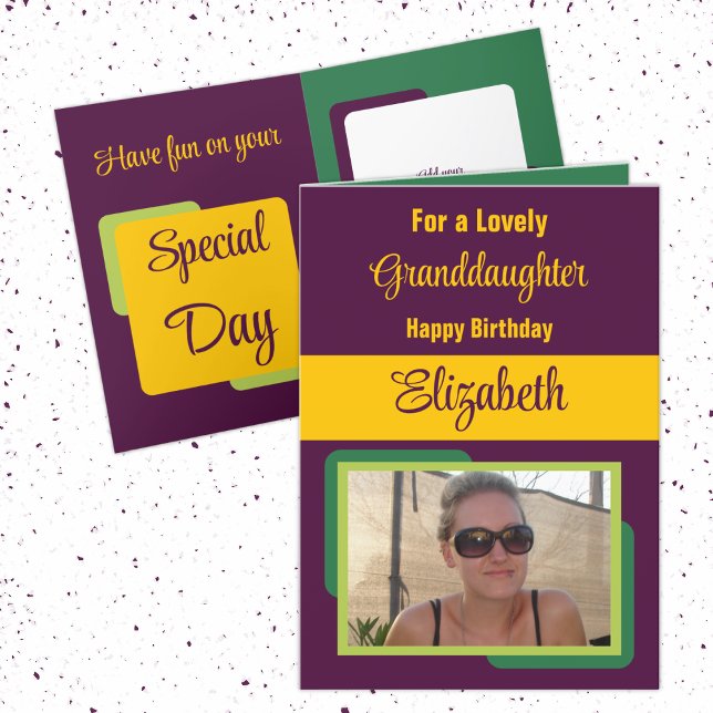 Granddaughter add name photo plum yellow birthday card (Creator Uploaded)