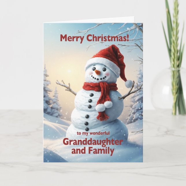 Granddaughter and Family Christmas Snowman  Holiday Card (Front)