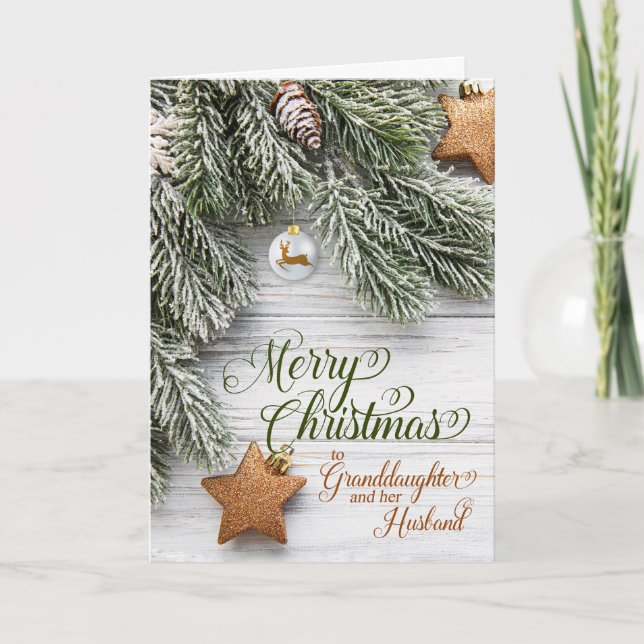 Granddaughter and Husband Christmas Pine and Stars Holiday Card (Front)