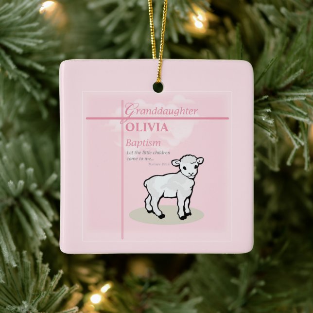 Granddaughter Baptism Pink Lamb Personalised Ceramic Ornament (Tree)
