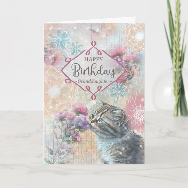 Granddaughter Birthday Kitty and Flowers Collage  Card (Front)