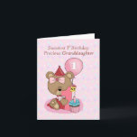 Granddaughter Birthday with Girl Bear and Cupcake  Card<br><div class="desc">The sweetest little girl bear is the feature of this "precious Granddaughter" birthday card. She is wearing a red and pink dress and a red hat with polka dots and she is holding a pink number "1". In front of the "1" is a chocolate cupcake in pink wrapping and blue...</div>