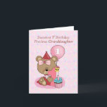 Granddaughter Birthday with Girl Bear and Cupcake  Card<br><div class="desc">The sweetest little girl bear is the feature of this "precious Granddaughter" birthday card. She is wearing a red and pink dress and a red hat with polka dots and she is holding a pink number "1". In front of the "1" is a chocolate cupcake in pink wrapping and blue...</div>