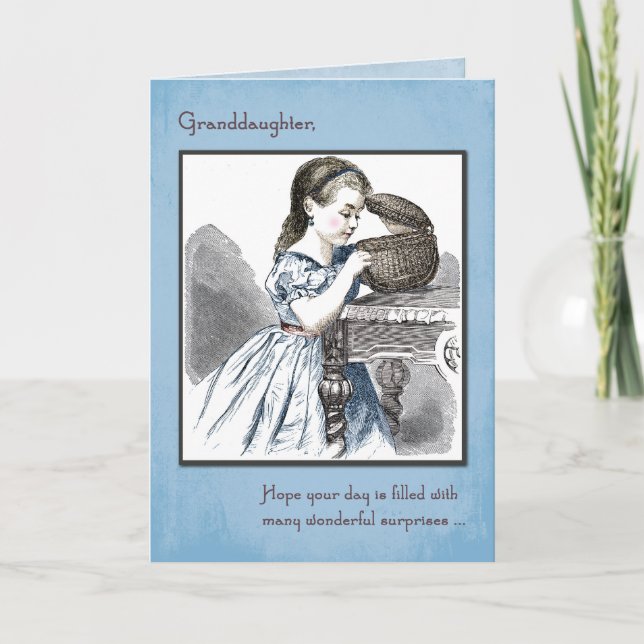 Granddaughter Birthday with Vintage Girl, Basket Card (Front)