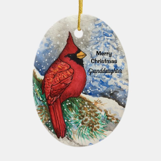 Granddaughter Bright Red Cardinal Christmas Bird Ceramic Ornament (Front)