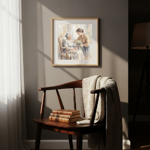 Granddaughter Bringing Flowers to Grandma Painting Poster