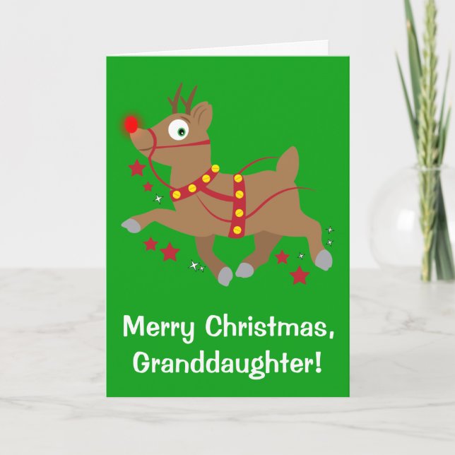 Granddaughter Christmas with Red-Nosed Reindeer Holiday Card (Front)
