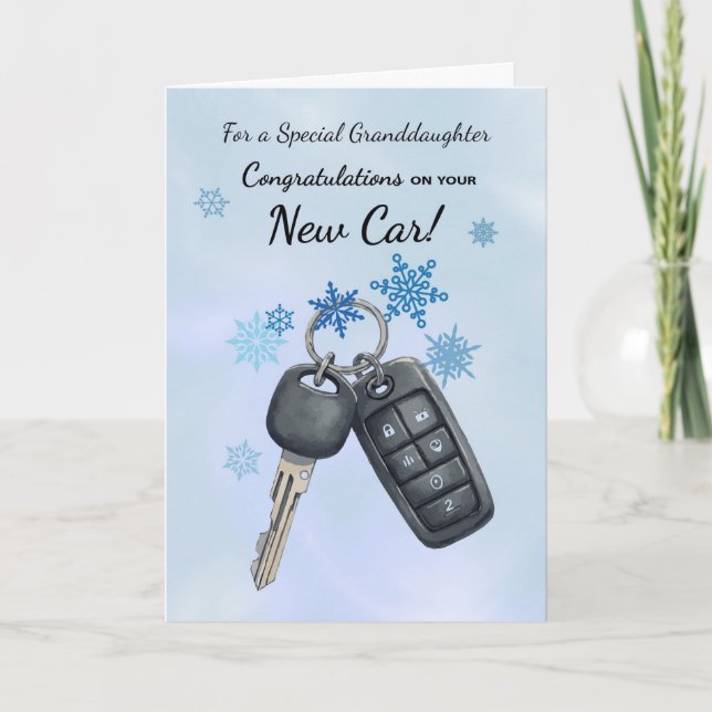 Granddaughter Congratulations New Car Snowflakes Card (Front)