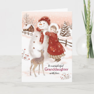 Granddaughter, Deer watches Girl make Snowman Holiday Card