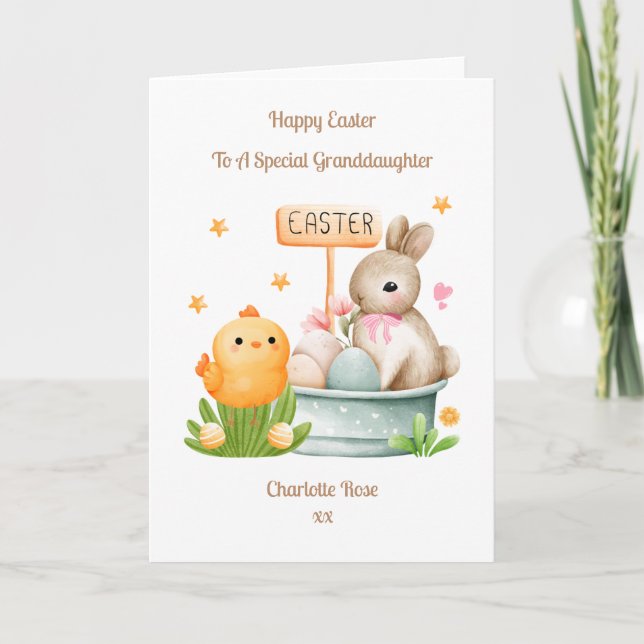Granddaughter Easter Bunny Rabbit and Chick Card (Front)