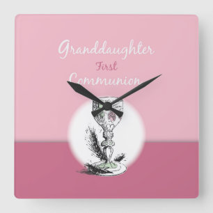 Granddaughter First Communion Pink, Chalice Square Wall Clock