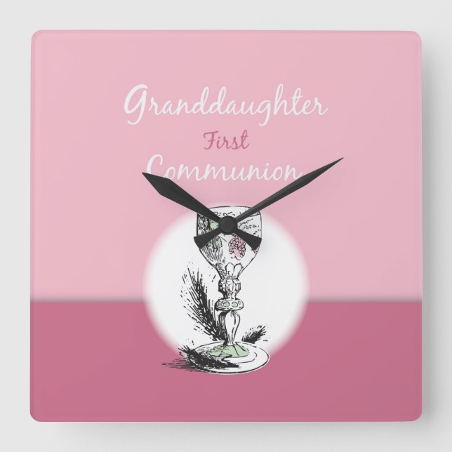 Granddaughter First Communion Pink, Chalice Square Wall Clock (Front)