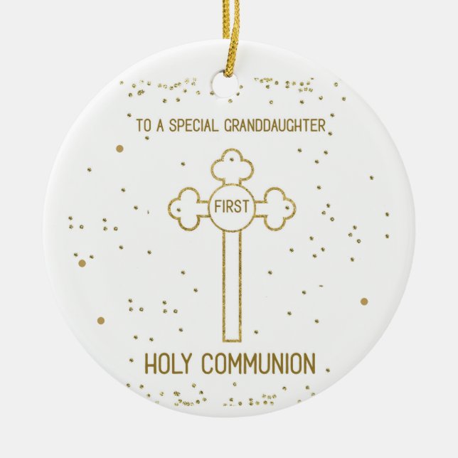 Granddaughter First Holy Communion Gold Look Cross Ceramic Ornament (Front)