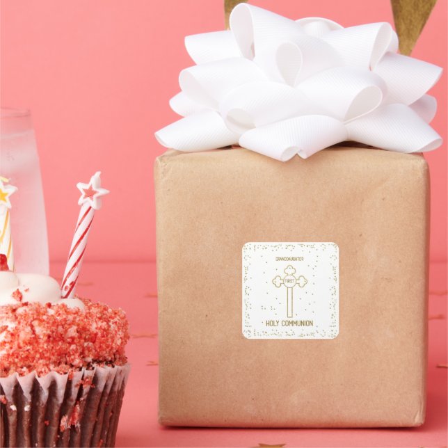 Granddaughter First Holy Communion Gold Look Cross Square Sticker (Party)