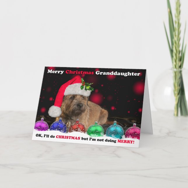 Granddaughter Grumpy Border Terrier Dog In Santa H Holiday Card (Front)