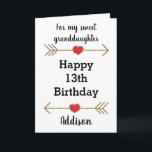 Granddaughter Happy 13th Birthday Card<br><div class="desc">A personalised granddaughter Happy 13th birthday card, which you can easily personalise with her name. Features glittery arrows with hearts. Inside this 13th birthday granddaughter card, it says "Wishing you love, happiness and laughter today and every day!!" You can easily personalise your birthday message inside the card as well if...</div>