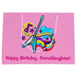 Granddaughter Happy Birthday Guitar, Hearts, Notes Large Gift Bag
