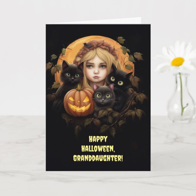 Granddaughter Happy Halloween Custom Text with Cat Card (Small Plant)