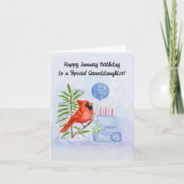 Granddaughter Happy January Birthday Cardinal Cake Card (Front)