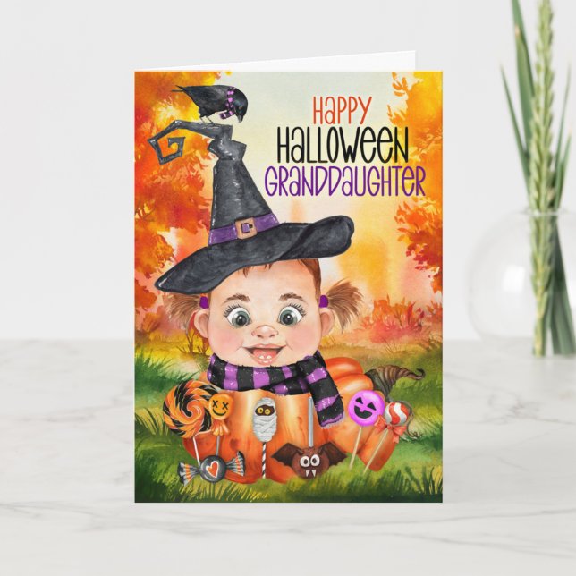 Granddaughter Little Witch Raven Halloween Pumpkin Holiday Card (Front)
