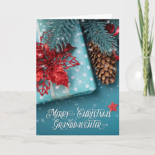 Granddaughter Merry Christmas Cheer Blue and Red Holiday Card (Front)