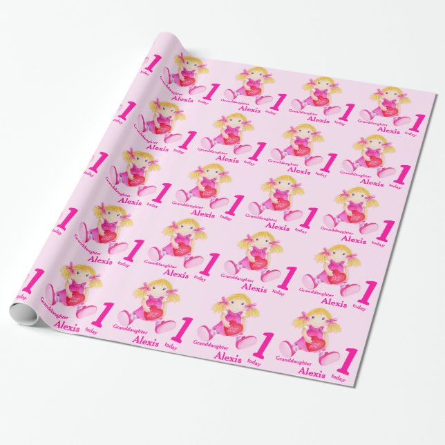 Granddaughter name rag doll art 1st birthday wrap wrapping paper (Unrolled)