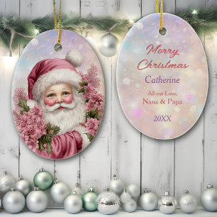 Granddaughter Pink Christmas Rose Bouquet Santa Ceramic Ornament