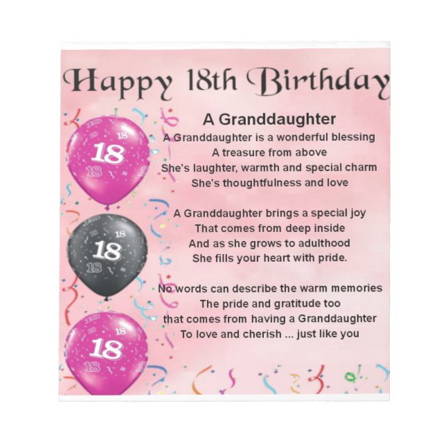 Granddaughter Poem - 18th Birthday Notepad (Front)