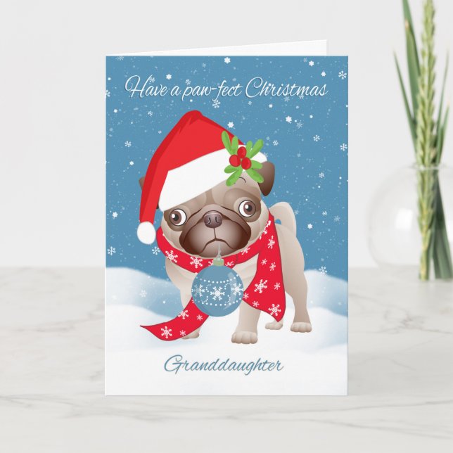 Granddaughter, Pug Dog With Cute Santa Hat And Orn Holiday Card (Front)