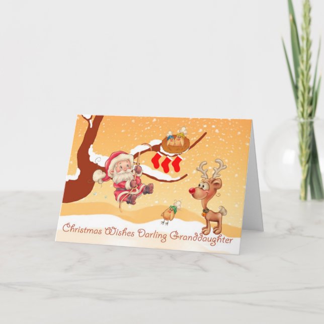 Granddaughter Santa Climbing A Tree To Give Gifts Holiday Card (Front)